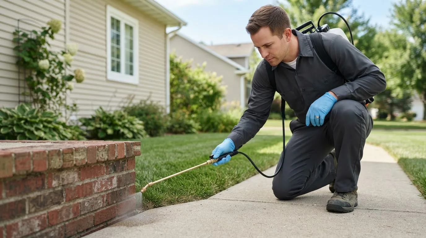 Pest control technician treating a home near Goochland, VA